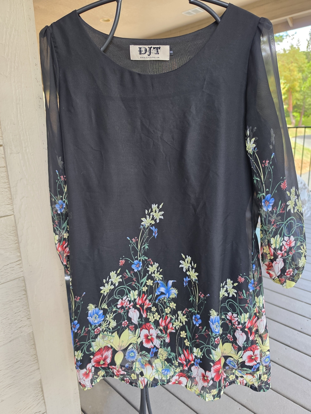 Black Floral Sheer-Sleeve Women's Top